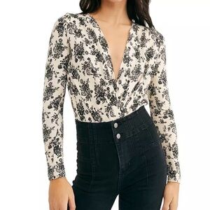 Free People Intimately Floral Wrap Bodysuit Cream Black Long Sleeve